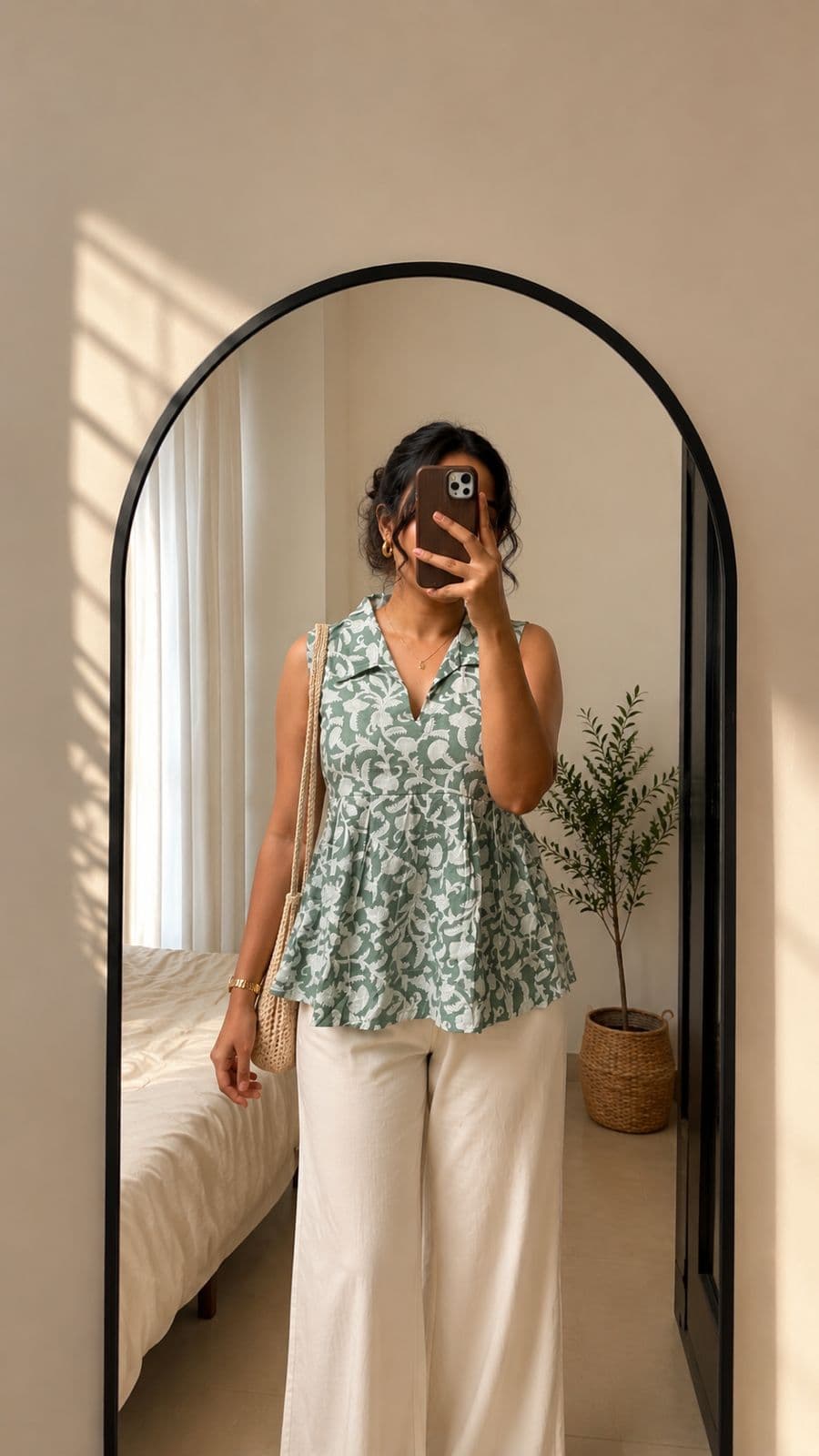 Sage Block-Print Collar Top